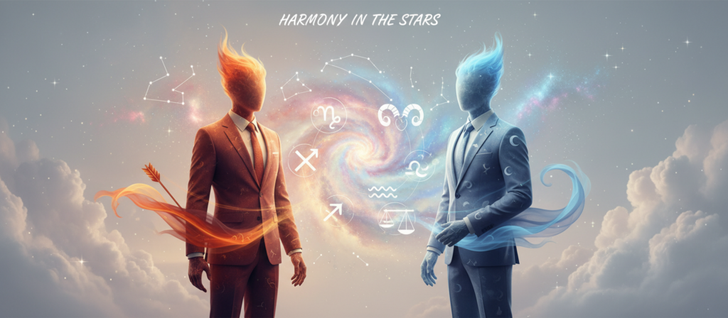 A harmonious scene illustrating the concept of compatibility between zodiac signs, focusing on Sagittarius. In the foreground, two abstract human figures, one in warm tones representing Sagittarius, and the other in cool tones symbolizing an ideal match, stand side by side. They are wearing professional business attire, exuding a sense of collaboration and understanding. In the middle of the image, a subtle blend of zodiac symbols and constellations intertwines, suggesting the connection between them. In the background, a serene celestial landscape with soft stars and ethereal clouds creates a tranquil atmosphere. The lighting is soft yet illuminating, with a gentle glow highlighting the figures and symbols. This piece encapsulates the theme of understanding compatibility without defining it strictly by zodiac hierarchy. A harmonious scene illustrating the concept of compatibility between zodiac signs, focusing on Sagittarius. In the foreground, two abstract human figures, one in warm tones representing Sagittarius, and the other in cool tones symbolizing an ideal match, stand side by side. They are wearing professional business attire, exuding a sense of collaboration and understanding. In the middle of the image, a subtle blend of zodiac symbols and constellations intertwines, suggesting the connection between them. In the background, a serene celestial landscape with soft stars and ethereal clouds creates a tranquil atmosphere. The lighting is soft yet illuminating, with a gentle glow highlighting the figures and symbols. This piece encapsulates the theme of understanding compatibility without defining it strictly by zodiac hierarchy.
