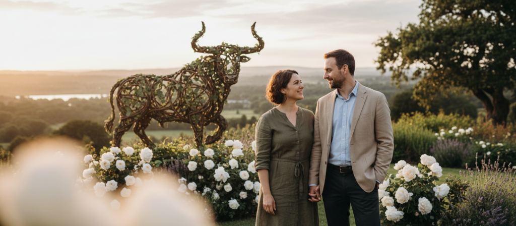 A harmonious scene illustrating the theme of Taurus compatibility in relationships. In the foreground, two individuals standing side by side, one dressed in smart casual attire, with warm smiles, symbolizing connection and trust. They should embody the essence of Taurus: grounded, reliable, and affectionate. The middle ground features subtle zodiac symbols like a bull entwined with floral elements, representing stability and love. The background includes a serene landscape with lush greenery and a soft sunset, casting a golden hue that conveys warmth and tranquility. The ambiance should evoke feelings of harmony, understanding, and balance, capturing the essence of strong relationships in Taurus compatibility, using soft, natural lighting for a welcoming atmosphere. The image is framed with a slight bokeh effect, focusing on the individuals while gently blurring the complex background.