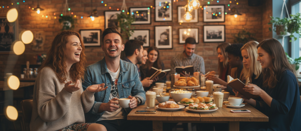 A lively social scene set in a cozy café, filled with diverse groups of friends engaging in animated conversation. In the foreground, two friends laugh together, one wearing casual yet stylish attire, while others nearby share stories over steaming cups of coffee. The middle section features a small table overflowing with snacks and drinks, emphasizing a sense of community. In the background, warm soft lighting and colorful decorations create an inviting atmosphere, hinting at a friendly vibe. The scene captures the sociable, loyal nature of Gemini personalities, while subtly suggesting occasional distractions with scattered books and mobile phones. The overall mood is cheerful and warm, highlighting the essence of friendship and social connection, with a slight bokeh effect for depth.