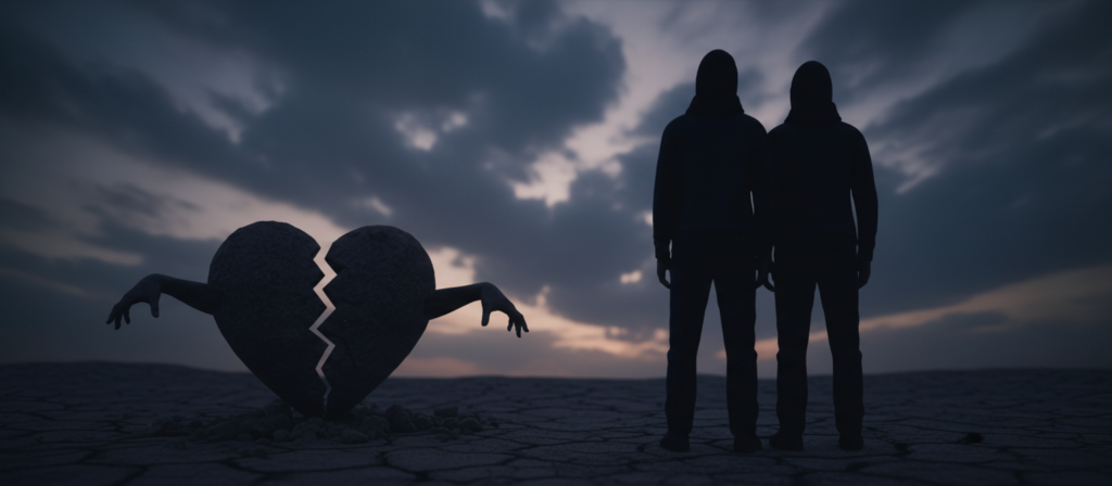 A mysterious, introspective scene depicting the "dark side" of love associated with the sign of Cancer. In the foreground, a silhouette of a couple stands back-to-back, their expressions hidden, surrounded by shadows that suggest tension and complexity. The middle ground reveals subtle symbols of emotions: a cracked heart and shadowy hands reaching out but not touching, capturing feelings of longing and miscommunication. The background features a moody, twilight sky with dark clouds gathering, hinting at emotional storms. Soft, diffused lighting casts a somber yet intimate atmosphere, evoking a sense of depth and emotional weight. The angle is slightly tilted, reinforcing the feeling of imbalance and unease in the relationship. The overall mood is reflective and poignant, encouraging contemplation of the intricacies in love under the influence of Cancer.