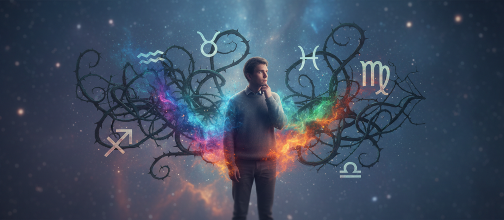 A mystical, colorful depiction of the astrological signs representing Sagittarius and other signs associated with toxic relationships. In the foreground, a Sagittarius figure—dressed in modern, modest casual clothing—looks contemplative, surrounded by a swirling aura of vibrant colors that reflect their adventurous spirit. In the middle ground, the symbols of the other zodiac signs (like Virgo and Pisces), are interconnected with twisted vines and thorns, symbolizing the complicated dynamics. The background features a twilight sky filled with stars and celestial elements, casting a soft, ethereal glow over the scene, enhancing the mood of contemplation and complexity. The atmosphere is charged with tension yet visually captivating, evoking a sense of introspection and the challenges of navigating relationships. Soft, diffused lighting adds a dreamlike quality.