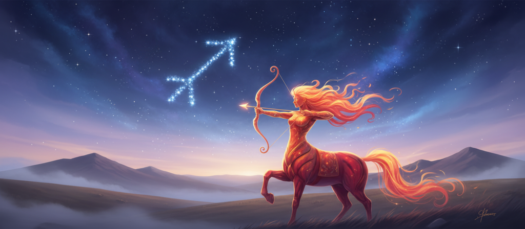A mystical representation of the Sagittarius zodiac sign, featuring a centaur archer poised gracefully in the foreground, symbolizing loyalty and strength. The centaur should be depicted in vibrant, warm colors, embodying both passion and determination. In the middle ground, a lush, starry night sky dotted with constellations provides a sense of depth and wonder, while twinkling stars subtly form the shape of the Sagittarius symbol. The background features a serene landscape with soft hills and a distant horizon, bathed in the gentle glow of twilight, creating a mellow, introspective atmosphere. The image should be illuminated with soft, ambient lighting to capture an ethereal feel, emphasizing the loyalty theme in a romantic context. Use a wide-angle lens effect to enhance the expansive view.