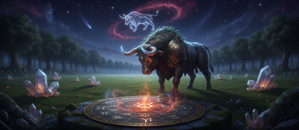 A mystical scene illustrating the concept of resentment interpreted through astrology, featuring the Taurus zodiac sign represented by a majestic bull. In the foreground, an astrological chart is laid out with symbols and constellations, bathed in soft, ethereal lighting. The middle ground showcases a serene landscape with a lush green field symbolizing nature's grounding energy, dotted with crystals that reflect the light. The background reveals a night sky filled with twinkling stars and the Taurus constellation shining prominently, lending a celestial touch to the atmosphere. The mood conveys introspection and depth, inviting viewers to ponder the emotional weight of resentment in astrological contexts. A wide-angle perspective captures the harmony between earth and cosmos.