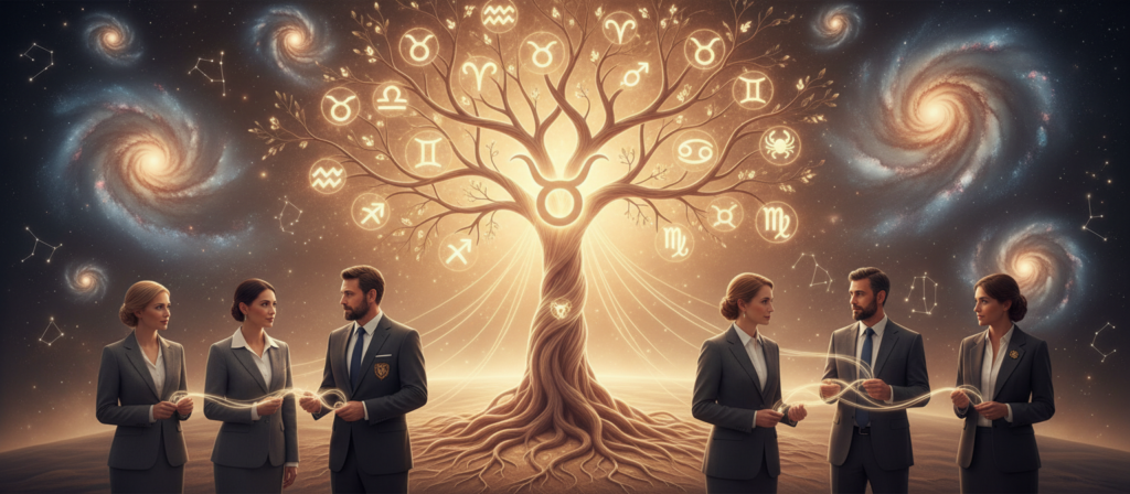 A mystical tableau illustrating karmic connections among Taurus and other zodiac signs. In the foreground, an ethereal glowing tree with intertwining roots and branches represents the deep-seated bonds of soul connections, adorned with symbols of each zodiac sign. In the middle ground, diverse individuals, dressed in professional attire, are depicted engaged in meaningful conversation, embodying energies of empathy and understanding. The background features a celestial landscape with swirling galaxies and constellations, symbolizing the cosmic forces at play. Soft, warm lighting casts a gentle glow, enhancing the spiritual and harmonious atmosphere, while a slightly elevated angle captures the depth of interaction and the interconnectedness of the signs. The mood is serene and reflective, inviting contemplation of destiny and relationships.