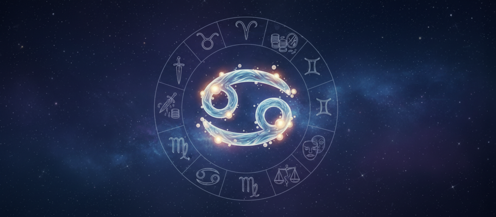 A mystical zodiac-themed illustration depicting the typical triggers of betrayal associated with each astrological sign, with Cancer prominently featured. The foreground shows a detailed, artistic representation of the Cancer symbol, surrounded by ethereal elements like water and soft glowing orbs, symbolizing emotions. In the middle, delicate outlines of the other zodiac signs are arranged in a circular formation, each with distinct symbols representing their unique traits. The background is a starry night sky with a rich gradient of deep blues and purples, creating a cosmic atmosphere. The lighting is soft and ambient, highlighting the Cancer symbol while subtly illuminating the surrounding signs. The mood is introspective and intriguing, inviting the viewer to explore the complexities of loyalty and betrayal among the zodiac signs.