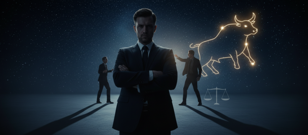 A powerful and intense scene illustrating the theme of revenge associated with Taurus. In the foreground, a determined individual dressed in professional business attire stands confidently, their expression showing a blend of focus and intensity. In the middle ground, a dramatic confrontation unfolds, with shadows lengthening as two people face each other, the atmosphere thick with tension. The background features a starry night sky with a prominent Taurus constellation glowing brightly, symbolizing the astrological connection. The lighting is dim and moody, creating a sense of mystery and gravity. Capture the essence of calculated determination and the potent energy associated with the Taurus sign, emphasizing the balance between vengeance and justice. The angle should be slightly low, suggesting an epic narrative.
