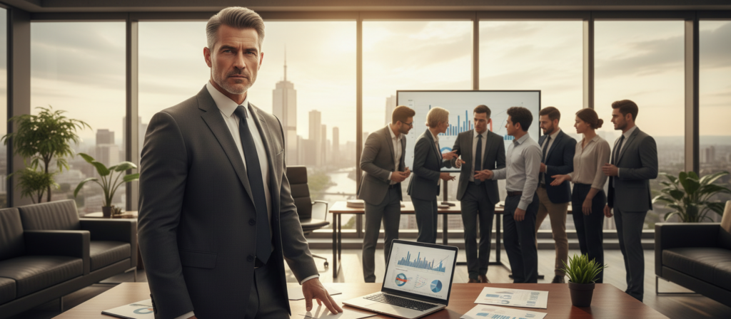 A powerful business leader, characterized as the "cancer jefe," standing confidently in a modern office setting. He is a middle-aged male, dressed in a sharp business suit, with a focused expression, exuding authority and determination. In the foreground, a polished wooden desk holds a laptop and documents, symbolizing productivity and decision-making. In the middle ground, a diverse team of professionals, dressed in smart casual attire, gathers around to discuss strategies, showcasing collaboration and trust. The background features large windows with a view of a vibrant cityscape, allowing natural light to flood the space, creating an atmosphere of ambition and opportunity. The image embodies a balance of leadership, challenge, and teamwork.