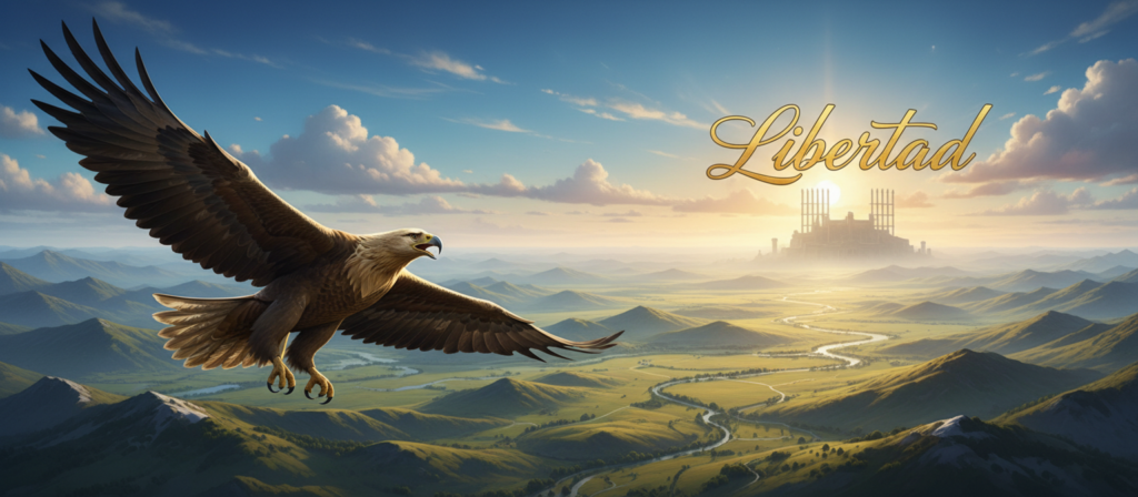 A powerful representation of "libertad," focusing on the theme of sacred freedom juxtaposed with control. In the foreground, a majestic, free-flying eagle with outstretched wings symbolizes liberation, gliding through a vibrant blue sky filled with wispy clouds. In the middle ground, a vast, sprawling landscape of rolling hills and open fields conveys a sense of boundless space, emphasizing the contrast between freedom and feeling trapped. In the background, faint shadows of imposing prison bars or a fortress loom, hinting at the constraints of control. The lighting is bright and uplifting, casting soft shadows, while a warm golden glow sets a hopeful mood. The angle is slightly elevated, allowing for a sweeping view that enhances the theme of freedom against captivity. The overall atmosphere is one of aspiration and possibility.