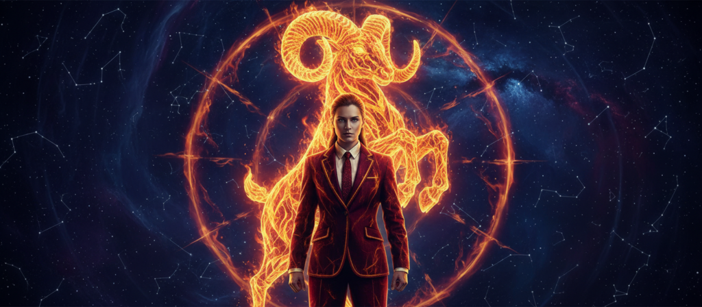 A powerful representation of the Aries zodiac sign, depicted as a bold and dynamic figure, embodying the cardinal fire element. The foreground features a strong, confident person dressed in professional attire, with fiery red and gold accents symbolizing Aries' passionate nature. In the middle ground, a stylized ram, the symbol of Aries, stands proudly, surrounded by swirling flames and dynamic energy lines, emphasizing the intensity and impulsiveness associated with this sign. The background fades into a cosmic swirling night sky, interspersed with twinkling stars that reflect the vastness of the universe. The lighting is dramatic, with highlights on the Aries figure and ram, creating a sense of warmth and vigor. The overall mood is one of intensity, strength, and emotional depth, reflecting the complexity of the relationship dynamics with Cancer.
