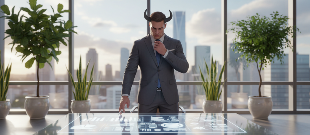 A professional Taurus figure stands confidently in a modern office environment, surrounded by symbols of strength and stability. In the foreground, the figure, dressed in a tailored business suit, gazes thoughtfully at a strategic plan spread out on a sleek glass desk. The middle ground features a large window with natural light pouring in, casting a warm glow over the room, and potted plants that symbolize growth and prosperity. The background showcases a skyline view, representing ambition and potential. Soft focus emphasizes the professionalism and determination of the Taurus personality. The overall mood is empowering and motivational, illustrating the theme of optimizing professional potential. The lighting is bright and inviting, enhancing the productive atmosphere.