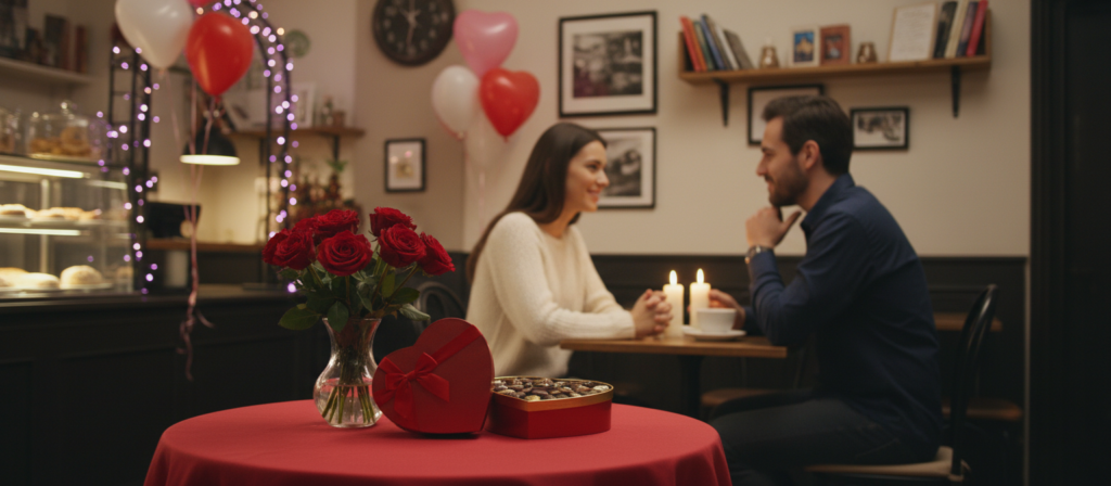 A romantic San Valentín scene set in a cozy cafe. In the foreground, a table adorned with a red tablecloth features a small vase of fresh red roses and two elegant heart-shaped chocolate boxes. In the middle, a couple in modest casual attire sits across a candlelit table, engaged in conversation, their expressions reflecting a mix of joy and introspection. The background showcases softly blurred cafe decor with warm lighting that creates an intimate atmosphere. The ambience is filled with subtle hints of Valentine's Day, like heart-shaped balloons and soft pink decorations. The overall mood is a blend of celebration and contemplation, capturing the essence of love intertwined with life’s realities.