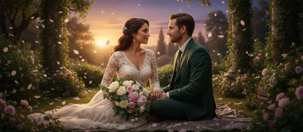 A romantic scene depicting the essence of a Taurus in love. In the foreground, a couple sits together, gazing into each other's eyes, embodying warmth and devotion. The Taurus figure, a soft-featured individual dressed in elegant, modest attire, holds a bouquet of flowers, symbolizing loyalty and affection. In the middle, their surroundings include lush greenery, reflecting Taurus' connection to nature, while soft petals fall around them, enhancing the romantic atmosphere. In the background, a twilight sky casts a warm golden light, creating a serene and peaceful mood. The angle is slightly elevated, capturing the intimacy of the moment, while the focus remains sharp on the couple, with a gentle bokeh effect on the background. The overall ambiance should be warm, inviting, and filled with love, highlighting the key characteristics of a Taurus in love.