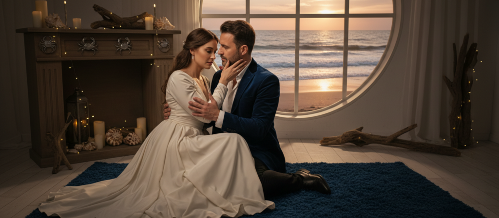 A romantic scene depicting two Cancer zodiac figures engaging in a deep and emotional connection. In the foreground, two elegantly dressed individuals embodying the traits of Cancer are sharing an embrace, their expressions showing love and compassion, yet hinting at a subtle tension. The middle ground features a cozy, softly lit setting with gentle lighting that creates a warm, inviting atmosphere, emphasizing the intimacy of their bond. Around them, symbols of the Cancer sign—like the crab and ocean elements—are subtly incorporated into the decor, enhancing the theme of their connection. The background showcases a serene beach at sunset, with soft waves lapping at the shore, evoking a sense of harmony and tranquility. The overall mood is affectionate yet contemplative, highlighting the depth of love intertwined with caution.