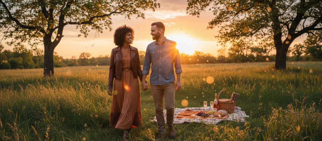 A romantic scene featuring a Sagittarius couple in a picturesque setting. The foreground shows a happy, diverse couple holding hands, dressed in stylish casual clothing, radiating warmth and connection. Their expressions are joyful and loving, capturing the essence of deep affection. In the middle, a cozy picnic blanket is laid out with a beautiful sunset in the background, casting warm golden hues across the sky. Soft bokeh lights twinkle around them to enhance the magical atmosphere of romance. The background features lush greenery and gently swaying trees, contributing to a serene and inviting mood. The lighting is soft, creating a dreamy effect that emphasizes the couple's bond, framed from a slightly low angle to bring focus to their interaction and the sky's beauty.