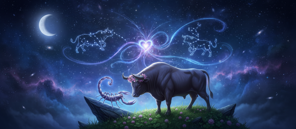 A romantic scene symbolizing the compatibility of Taurus and Scorpio, featuring a serene Taurus bull and an intense Scorpio scorpion intertwined against a mesmerizing starry night sky. In the foreground, the bull stands proudly with lush green grass beneath its feet, representing stability and earthiness, while the scorpion is depicted elegantly poised on a moonlit rock, embodying depth and emotion. The middle ground showcases a vibrant constellation of Taurus and Scorpio, connected by glowing lines to represent their bond. The background is filled with softly glowing stars, creating a mystical atmosphere. The lighting is soft and ethereal, with a gentle blue and purple hues dominating the scene, evoking a sense of harmony and balance.