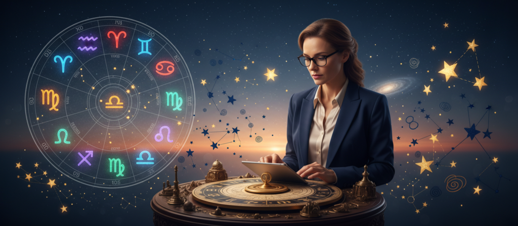 A scenic representation of astrological predictions, featuring a glowing celestial map filled with zodiac signs in vibrant colors. In the foreground, an astrologer, a woman in professional business attire, studies a beautifully ornate astrological wheel, her expression contemplative and insightful. The middle ground displays cosmic symbols like stars and constellations, incorporating shades of blue and gold to create a mystical atmosphere. In the background, a soft gradient of twilight fills the sky, dotted with twinkling stars, evoking a sense of wonder and possibility. The overall mood is reflective and optimistic, suggesting guidance and insights into the future. The lighting should be warm and inviting, with a slight glow that highlights the details of the astrological elements.