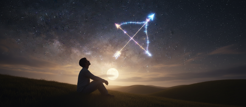 A serene and contemplative scene depicting a Sagittarius constellation in a night sky, with a silhouette of a thoughtful person sitting on a hillside. The foreground features the figure, dressed in modest casual clothing, sitting cross-legged and gazing up at the stars, symbolizing introspection and growth. In the middle ground, the glowing constellations of Sagittarius are highlighted, with vibrant colors emphasizing a sense of cosmic energy and transformation. The background showcases a softly lit landscape, illuminated by a gentle moonlight with scattered clouds. The mood is reflective and peaceful, encouraging a sense of healing and personal boundaries. The lighting is warm and inviting, creating a sense of tranquility and balance.