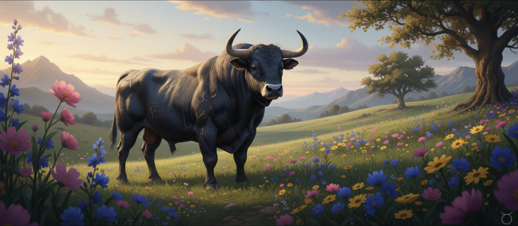 A serene and contemplative scene depicting the essence of Taurus, featuring a majestic bull symbolizing strength and determination in the foreground. The bull is positioned in a lush green meadow, surrounded by vibrant wildflowers that radiate tranquility and stability. In the middle ground, a soft, rolling hill merges with a calm sky at dusk, where warm golden and pastel hues create a peaceful atmosphere. The background showcases distant mountains, adding depth and a sense of groundedness. The lighting is soft and diffused, evoking a gentle glow that enhances the earthy colors. The mood is reflective and harmonious, capturing the steadfast nature of Taurus.