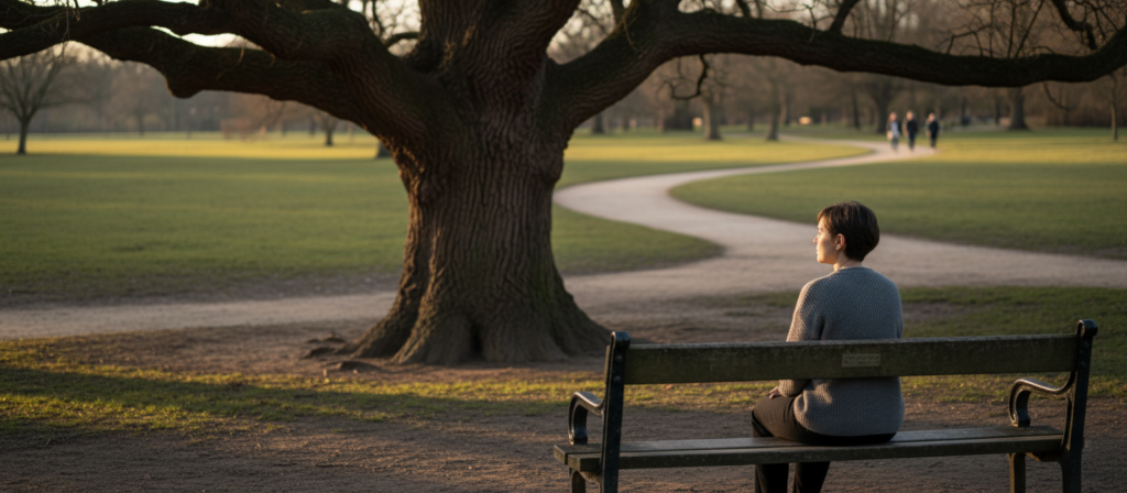 A serene and contemplative scene illustrating the emotional journey through grief and adaptation in a cancer diagnosis. In the foreground, a figure dressed in modest casual clothing sits on a park bench, gazing thoughtfully at a time-worn tree, symbolizing resilience and the passage of time. In the middle ground, a pathway winds through the park, reflecting stages of emotional transitions, from shadows of darkness to bright patches of light, indicating hope and adjustment. The background features soft, blurred silhouettes of people walking, representing the support of community. The lighting is warm and golden, capturing the mood of reflection and acceptance during sunsets, accentuating a feeling of tranquility and healing. The overall atmosphere is one of quiet introspection and emotional processing, devoid of distractions or modern elements. A serene and contemplative scene illustrating the emotional journey through grief and adaptation in a cancer diagnosis. In the foreground, a figure dressed in modest casual clothing sits on a park bench, gazing thoughtfully at a time-worn tree, symbolizing resilience and the passage of time. In the middle ground, a pathway winds through the park, reflecting stages of emotional transitions, from shadows of darkness to bright patches of light, indicating hope and adjustment. The background features soft, blurred silhouettes of people walking, representing the support of community. The lighting is warm and golden, capturing the mood of reflection and acceptance during sunsets, accentuating a feeling of tranquility and healing. The overall atmosphere is one of quiet introspection and emotional processing, devoid of distractions or modern elements.