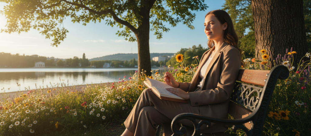 A serene and contemplative scene representing "confianza" in the context of healing after a breakup, centered around a young woman in professional attire, sitting on a park bench with a journal open on her lap. In the foreground, she gazes thoughtfully into the distance, with a soft smile reflecting newfound strength. The middle ground features blooming flowers and radiant sunlight filtering through the trees, symbolizing growth and renewal. In the background, a tranquil lake mirrors the clear blue sky, enhancing the peaceful atmosphere. The lighting is warm and inviting, capturing a golden hour glow, while the angle is slightly tilted to convey depth. The overall mood is uplifting, embodying hope, trust, and the spirit of moving forward. A serene and contemplative scene representing "confianza" in the context of healing after a breakup, centered around a young woman in professional attire, sitting on a park bench with a journal open on her lap. In the foreground, she gazes thoughtfully into the distance, with a soft smile reflecting newfound strength. The middle ground features blooming flowers and radiant sunlight filtering through the trees, symbolizing growth and renewal. In the background, a tranquil lake mirrors the clear blue sky, enhancing the peaceful atmosphere. The lighting is warm and inviting, capturing a golden hour glow, while the angle is slightly tilted to convey depth. The overall mood is uplifting, embodying hope, trust, and the spirit of moving forward.
