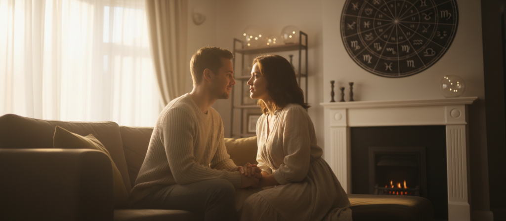 A serene and emotive setting showcasing a passionate and deep connection between two individuals, embodying the theme of emotional connection. In the foreground, a couple is sitting closely together, gazing into each other’s eyes, their expressions reflecting warmth and understanding. They are dressed in modest casual clothing, exuding comfort. In the middle ground, a soft glow emanates from a nearby window, casting gentle, golden light over them, highlighting their features with a warm hue. The background features a cozy, inviting interior, perhaps a living room with subtle astrological elements like a zodiac chart or constellations reflected in the decor. The atmosphere is intimate and heartwarming, evoking feelings of love and trust. The scene is captured with a soft focus lens, emphasizing the connection between the couple amidst a tranquil environment.