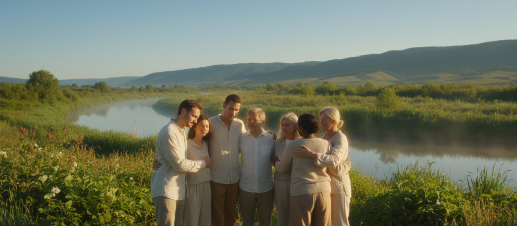 A serene and empowering landscape that embodies "emotional safety energy." In the foreground, a diverse group of individuals in modest casual clothing share a warm, supportive embrace, eyes closed, radiating a sense of calm and unity. The middle ground features a flowing river reflecting soft golden sunlight, symbolizing emotional flow and resilience. Lush greenery borders the river, while gentle hills rise in the background under a clear blue sky, suggesting stability and peace. The scene is illuminated by warm, diffused light, creating a soft focus effect that enhances feelings of safety and trust. The overall mood is uplifting and nurturing, inviting viewers to connect with the energy of emotional security. A serene and empowering landscape that embodies "emotional safety energy." In the foreground, a diverse group of individuals in modest casual clothing share a warm, supportive embrace, eyes closed, radiating a sense of calm and unity. The middle ground features a flowing river reflecting soft golden sunlight, symbolizing emotional flow and resilience. Lush greenery borders the river, while gentle hills rise in the background under a clear blue sky, suggesting stability and peace. The scene is illuminated by warm, diffused light, creating a soft focus effect that enhances feelings of safety and trust. The overall mood is uplifting and nurturing, inviting viewers to connect with the energy of emotional security.