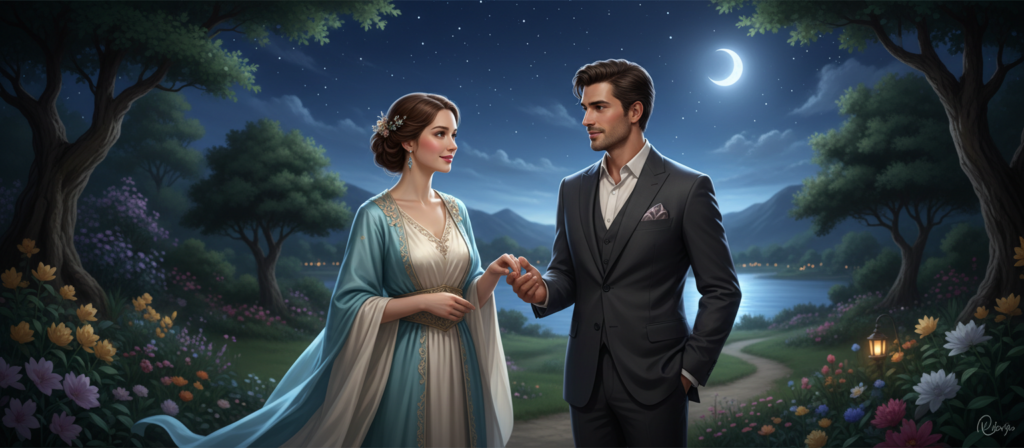 A serene and enchanting scene capturing the essence of Cancer and Libra compatibility. In the foreground, an elegant Cancer figure, symbolized by a nurturing woman with gentle expressions, adorned in flowing, soft-toned attire reflecting water's fluidity. Beside her, a charismatic Libra figure, a stylish man in tailored clothing, radiating charm and balance, embodies harmony. They engage in a thoughtful conversation, their hands subtly touching, suggesting connection. In the middle ground, a lush garden under a starry night sky filled with twinkling stars and a crescent moon, emphasizing romance and intimacy. The background features soft, blurred pathways leading to a serene lake, adding depth. The mood is warm and inviting, with soft lighting illuminating their faces, creating a magical atmosphere of seduction and contemplation.