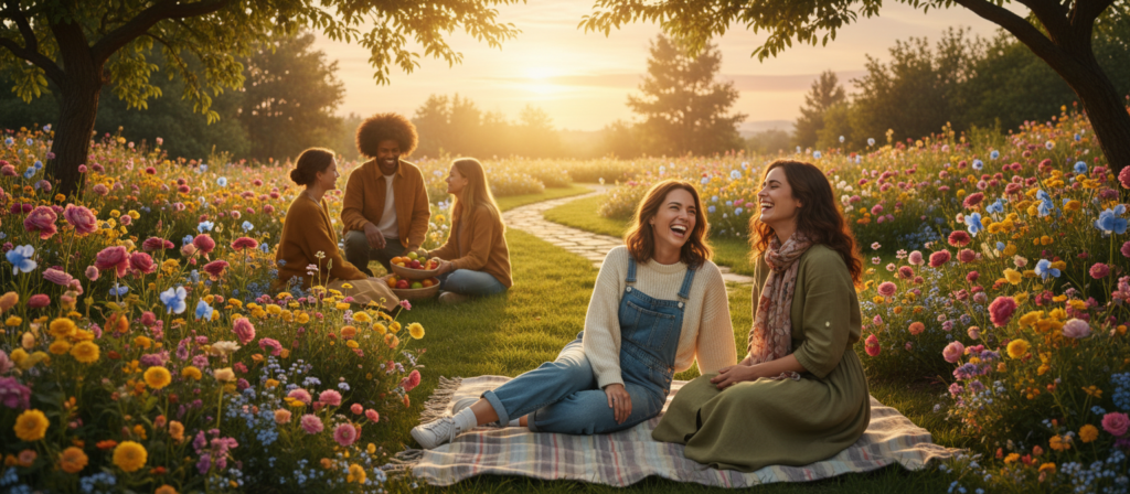 A serene and enchanting scene capturing the essence of "amor" set in a beautiful outdoor garden. In the foreground, two friends are laughing joyfully, sitting on a picnic blanket surrounded by vibrant flowers and soft sunlight filtering through the leaves. They are dressed in modest casual attire that reflects comfort and warmth. In the middle ground, their diverse group of friends can be seen enjoying each other's company, engaging in light conversation and shared moments. The background features a tranquil path leading to a soft, glowing sunset, illuminating the entire scene with a golden hue that evokes a sense of freedom and connection. The atmosphere is light-hearted and emotional, emphasizing the beauty of love, relationships, and friendship. A serene and enchanting scene capturing the essence of "amor" set in a beautiful outdoor garden. In the foreground, two friends are laughing joyfully, sitting on a picnic blanket surrounded by vibrant flowers and soft sunlight filtering through the leaves. They are dressed in modest casual attire that reflects comfort and warmth. In the middle ground, their diverse group of friends can be seen enjoying each other's company, engaging in light conversation and shared moments. The background features a tranquil path leading to a soft, glowing sunset, illuminating the entire scene with a golden hue that evokes a sense of freedom and connection. The atmosphere is light-hearted and emotional, emphasizing the beauty of love, relationships, and friendship.