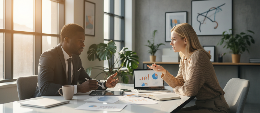A serene and engaging scene depicting a conversation between two individuals in a professional setting, emphasizing effective communication tactics. In the foreground, a diverse pair of professionals, one man in a tailored suit and one woman in smart casual attire, are actively listening to each other, showcasing expressions of understanding and engagement. The middle ground should feature a modern conference table scattered with charts, notebooks, and a laptop to indicate a strategic discussion. The background includes a softly lit office environment with plants and artwork, enhancing a welcoming atmosphere. Natural light streams through large windows, creating a warm glow that invites open dialogue. The mood should be one of cooperation and insight, showcasing the importance of effective communication strategies in conflict resolution.