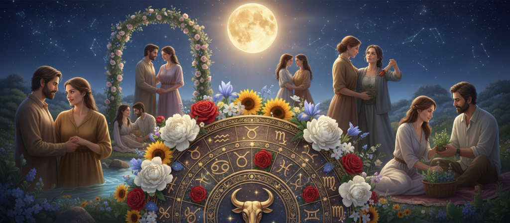 A serene and harmonious astrological scene depicting the romantic compatibility of the Taurus zodiac sign with other signs. In the foreground, an elegantly designed zodiac wheel with the Taurus symbol at its center, adorned with lush flowers and vibrant stars. The middle ground features a diverse group of couples, representing different zodiac signs, warmly interacting, symbolizing love and connection. Each couple wears stylish, modest clothing, showcasing their unique traits. In the background, a soft, starry night sky illuminated by a warm, golden moon casts a gentle glow over the scene, enhancing the mystical atmosphere. The lighting is warm and inviting, creating a sense of tranquility and emotional depth. The overall mood conveys love, compatibility, and harmony among different astrological signs.