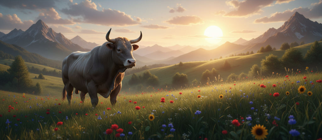 A serene and harmonious landscape representing the energetic characteristics of Taurus. In the foreground, depict a strong, majestic bull symbolizing stability and determination, surrounded by lush green fields and blooming flowers in vibrant colors. In the middle ground, illustrate gentle rolling hills with soft sunlight filtering through the clouds, creating a warm, inviting atmosphere. In the background, show mountains representing resilience and strength, their peaks softly illuminated by a golden sunset. The scene should evoke feelings of abundance, grounding energy, and sensuality, with soft, diffused lighting capturing the essence of Taurus. Use a wide-angle perspective to encompass the natural beauty, inviting viewers into the tranquil energy of the Taurus sign. The overall mood should be peaceful and balanced, celebrating the earthy and nurturing qualities of Taurus.
