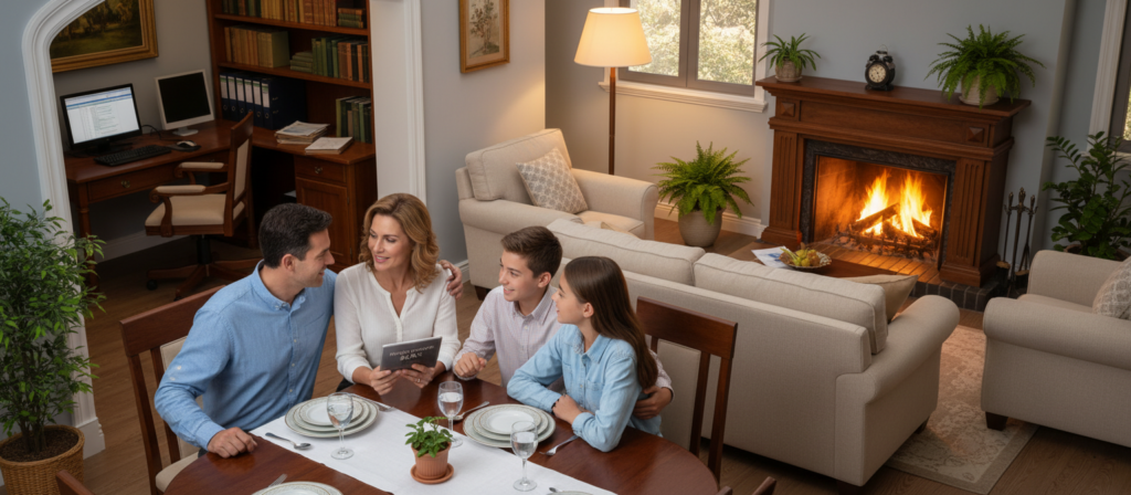 A serene and harmonious living space captures the essence of "relación dinero." In the foreground, a family of four dressed in smart casual attire sits around a beautifully set dining table, engaged in a thoughtful discussion about finances, their expressions reflecting trust and love. In the middle, a cozy home environment featuring soft, warm lighting invites a sense of security; a fireplace blazes gently, and lush houseplants add life. The background shows a glimpse of a well-organized home office with financial documents and a laptop, symbolizing stability and future planning. The overall mood is warm and encouraging, emphasizing emotional well-being and family unity in managing finances. The angle is slightly elevated, providing a comprehensive view of both the family and their surroundings, creating a sense of intimacy and connection.