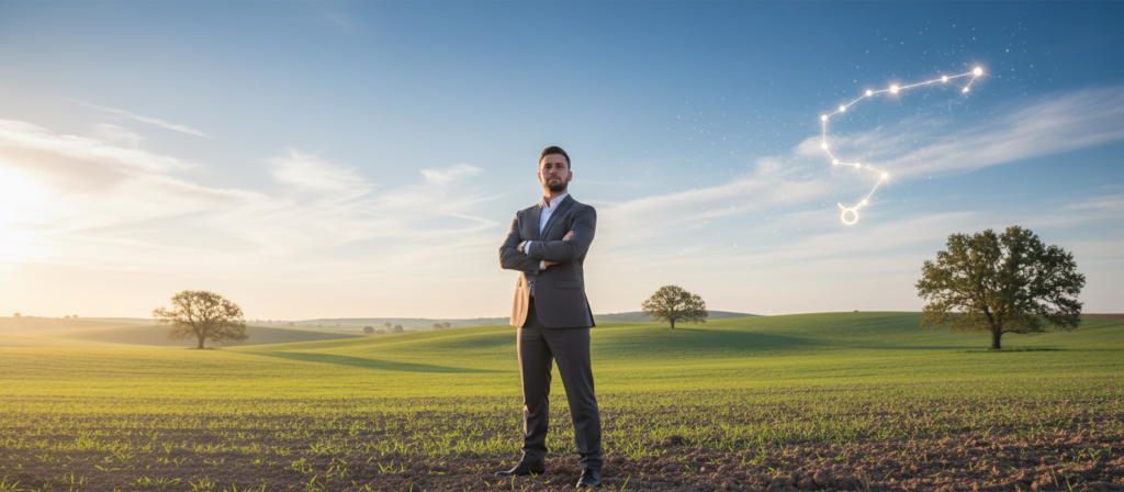 A serene and harmonious scene depicting the essence of "confidence," "security," and "balance" as embodied by the Taurus zodiac sign. In the foreground, a strong, grounded figure dressed in professional business attire stands confidently with arms crossed, exuding a sense of self-assuredness. The middle ground features lush green fields symbolizing stability, with gentle rolling hills under a clear blue sky, conveying tranquility and growth. In the background, a majestic Taurus constellation glimmers subtly among softly textured clouds, hinting at the celestial influence. The lighting is warm and inviting, suggesting a sunrise that touches everything with golden hues. The overall mood is one of peace, self-awareness, and positive transformation, perfectly encapsulating the journey of self-discovery and change for those born under the Taurus sign.