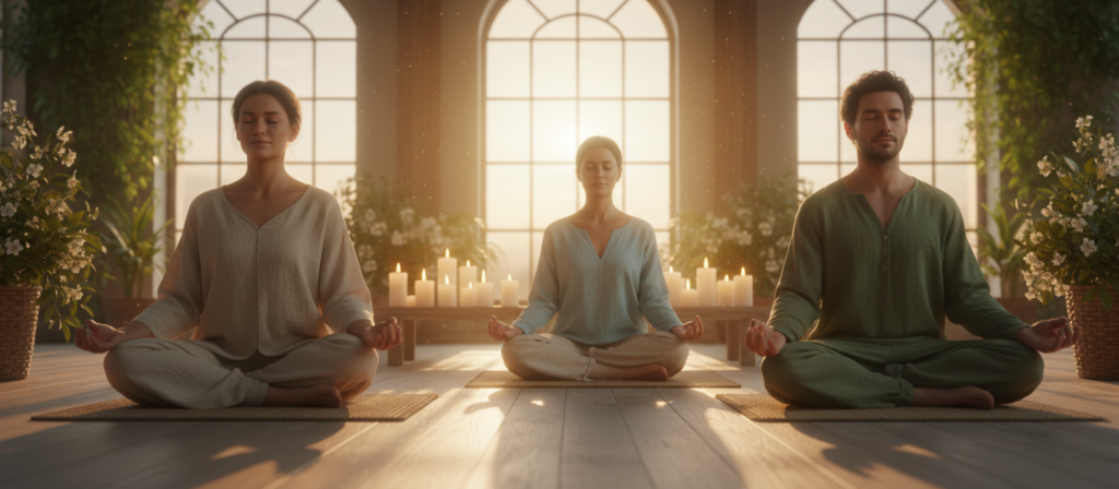 A serene and harmonious scene depicting the treatment of body and soul as interconnected elements. In the foreground, a diverse group of three people—two women and one man—are in a tranquil indoor setting, dressed in modest, casual clothing. They are engaged in a collective wellness activity, such as yoga or meditation, with gentle smiles and peaceful expressions. The middle ground features soft lighting, with glowing candles and plants that evoke a natural and calming atmosphere. In the background, large windows let in warm, golden sunlight, illuminating the space with a soft, ethereal glow. The overall mood is uplifting, encouraging a sense of healing and unity between physical and spiritual well-being.