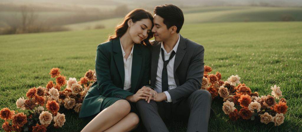 A serene and intimate scene capturing the essence of Taurus's sexual energy. In the foreground, a couple in professional business attire shares a tender moment, sitting closely on a lush green meadow, symbolizing comfort and stability. The middle ground features soft, blooming flowers in rich earthy tones, enhancing the atmosphere of sensuality and connection. In the background, rolling hills bathed in warm, golden light create a tranquil and romantic vibe, suggesting harmony and earthly energy. The soft focus and natural lighting evoke a dreamy quality, highlighting the passion and intimacy inherent in the Taurus spirit. The angle should be slightly elevated, allowing for a panoramic view that encapsulates the couple's deep connection and the beauty of their surroundings.