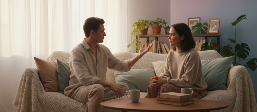 A serene and intimate scene illustrating the concept of setting boundaries with tenderness, focusing on a cozy setting. In the foreground, two figures sitting on a comfortable couch, both wearing modest casual clothing, engaged in a gentle conversation. One person is softly gesturing, symbolizing the act of setting boundaries, while the other listens attentively, eyes reflecting understanding and compassion. In the middle ground, a warm and inviting room filled with soft, natural light filtering through sheer curtains. Plants and soft pillows create a nurturing atmosphere. The background showcases soothing pastel colors, enhancing the mood of warmth and safety. The overall atmosphere should evoke a sense of emotional connection and harmony, emphasizing the delicate balance between expressing needs and maintaining affection.