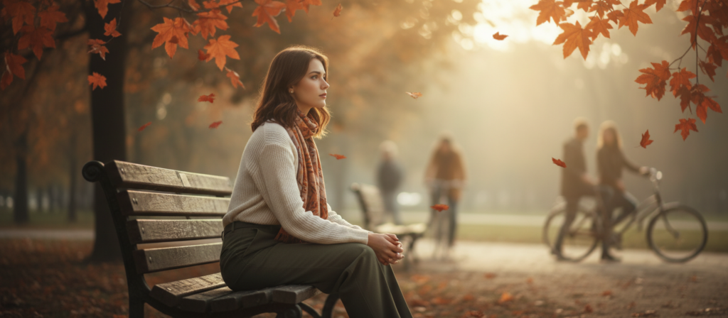 A serene and introspective scene capturing the essence of disconnection in a romantic relationship, featuring a stylishly dressed young woman sitting alone on a park bench. She gazes thoughtfully into the distance, embodying contemplation and distance. The foreground presents elegant foliage, with autumn leaves gently falling, symbolizing change. In the middle ground, a soft sunlight filters through the trees, casting warm hues of orange and yellow, creating a cozy yet melancholic atmosphere. The background reveals a blurred, tranquil park landscape with distant couples enjoying their time together, subtly highlighting her solitude. The image is shot with a soft focus effect, emphasizing her emotional distance while the ambient light conveys a soothing mood, suggesting a moment of reflection and longing.