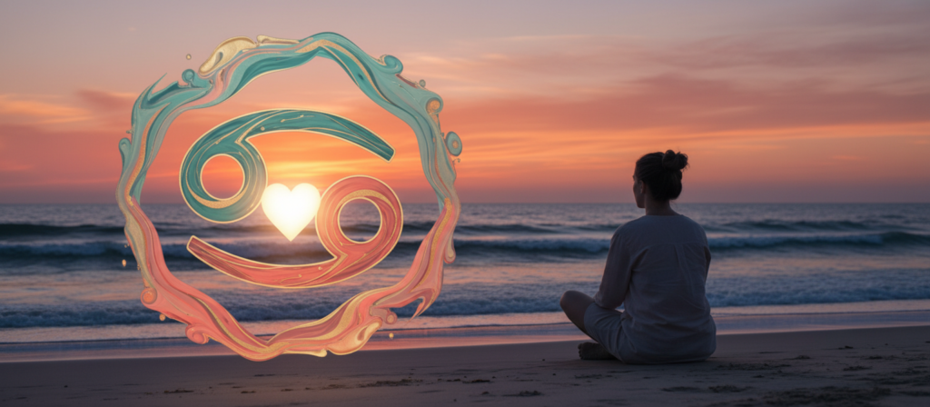 A serene and introspective scene depicting a Cancer zodiac symbol integrated with a visually striking representation of emotions. In the foreground, a warm, glowing heart symbolizes healing and resilience, surrounded by soft, vibrant colors like teal and coral that evoke feelings of warmth and hope. The middle ground features a contemplative figure, dressed in modest casual attire, sitting on a peaceful beach at sunset, gazing thoughtfully at the horizon. The background showcases gentle waves lapping at the shore under a rich, colorful sky transitioning from orange to purple, enhancing the atmosphere of reflection and new beginnings. Soft, diffused lighting casts a tranquil glow, creating an inviting and supportive mood that emphasizes healing and emotional growth. A serene and introspective scene depicting a Cancer zodiac symbol integrated with a visually striking representation of emotions. In the foreground, a warm, glowing heart symbolizes healing and resilience, surrounded by soft, vibrant colors like teal and coral that evoke feelings of warmth and hope. The middle ground features a contemplative figure, dressed in modest casual attire, sitting on a peaceful beach at sunset, gazing thoughtfully at the horizon. The background showcases gentle waves lapping at the shore under a rich, colorful sky transitioning from orange to purple, enhancing the atmosphere of reflection and new beginnings. Soft, diffused lighting casts a tranquil glow, creating an inviting and supportive mood that emphasizes healing and emotional growth.