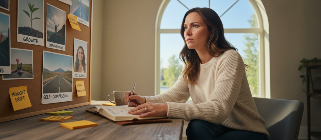 A serene and introspective scene depicting a professional woman contemplating strategies to break the cycle of self-sabotage. In the foreground, she sits at a desk cluttered with motivational notes and a journal, wearing smart casual attire, reflecting determination. In the middle ground, a vision board filled with images and words symbolizing growth and empowerment is mounted on the wall. In the background, a bright window lets in soft, natural light, creating an uplifting ambiance. The overall mood is one of clarity and focus, emphasizing the theme of overcoming obstacles. Use a shallow depth of field to keep the woman and her workspace in sharp focus while softly blurring the background, enhancing the sense of personal reflection and insight.