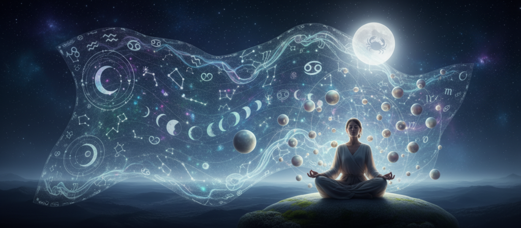 A serene and introspective scene depicting the concept of emotional patterns and karma for Cancer zodiac sign. In the foreground, a calm figure in modest, professional attire meditates, surrounded by soft, glowing orbs representing repeating emotional patterns. The middle ground shows a tapestry of interconnected symbols like the Cancer zodiac symbol, celestial motifs, and flowing waves, illustrating the cycles of learning and transformation. The background features a tranquil cosmic landscape with a starry sky, evoking a sense of spiritual depth and wisdom. The lighting is soft and ethereal, casting gentle glows on the patterns, enhancing a mood of reflection and healing. The angle is slightly elevated, providing a panoramic view that invites contemplation and understanding of one's journey.