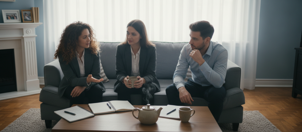 A serene and introspective scene depicting the theme of communication, centered around a cozy living room setting. In the foreground, a diverse group of three people—two women and one man—are seated on a comfortable sofa, engaged in a deep and heartfelt conversation, all dressed in professional business attire that reflects a sense of trust and respect. The middle ground features a coffee table adorned with notepads and a steaming pot of tea, symbolizing warmth and openness. In the background, soft natural light filters through sheer curtains, casting a warm glow that enhances the intimate atmosphere. The mood is calm and reflective, capturing the essence of what Cancer needs for peace in communication and conflict resolution.