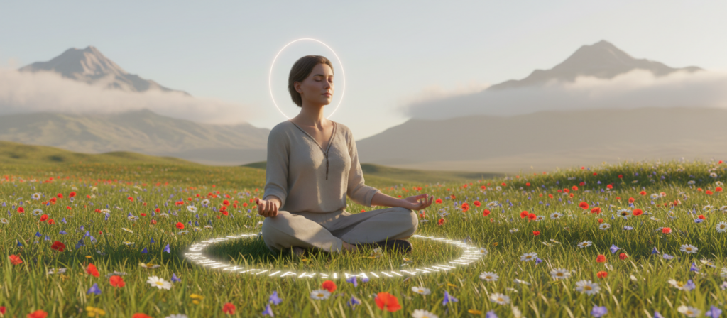 A serene and introspective scene embodies the spiritual connection and inner growth of Taurus. In the foreground, a peaceful figure, dressed in modest, flowing garments, sits cross-legged on a lush green meadow surrounded by blooming wildflowers. The middle ground features gentle rolling hills under a clear blue sky, painted with soft, warm sunlight that creates a tranquil atmosphere. In the background, majestic mountains rise, symbolizing strength and stability, with wisps of clouds caressing their peaks. The lighting is soft and ethereal, casting a golden hue that enhances the mood of serenity and reflection. Capture this moment with a slight upward angle to emphasize the connection between earth and sky, creating an uplifting feeling of spiritual awakening and growth.