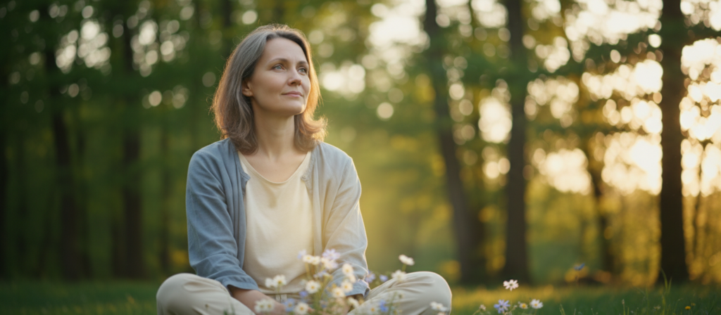 A serene and introspective scene featuring a person, embodying the astrological sign Cancer, seated in a peaceful natural setting. In the foreground, a middle-aged individual with gentle features and a contemplative expression is wearing modest casual clothing, sitting cross-legged on soft grass. A subtle glow surrounds them, symbolizing inner sensitivity and spiritual growth. In the middle ground, delicate wildflowers bloom around them, representing purity and personal purpose. The background features softly blurred tall trees under a warm golden light of a sunset, casting a tranquil, ethereal atmosphere. The composition captures a sense of introspection and connection with nature, using a shallow depth of field to focus on the subject’s expression while the soft, ambient light enhances the mood of calmness and reflection.
