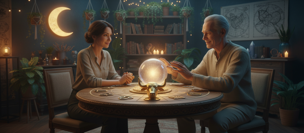 A serene and inviting scene depicting an astrological consultation aimed at strengthening relationships. In the foreground, a wise astrologer, dressed in modest casual attire, is seated at a beautifully decorated table. They are consulting a glowing crystal ball that reflects the constellations. In the middle, various zodiac symbols are arranged artistically around the table, symbolizing the connection with Taurus. The background features a cozy, softly lit room adorned with plants and astrological charts on the walls, creating a warm atmosphere. Soft golden and blue lighting enhances the mystical feel, inviting viewers to discover the secrets of astrology. The overall mood is peaceful and insightful, inspiring hope and connection in love.