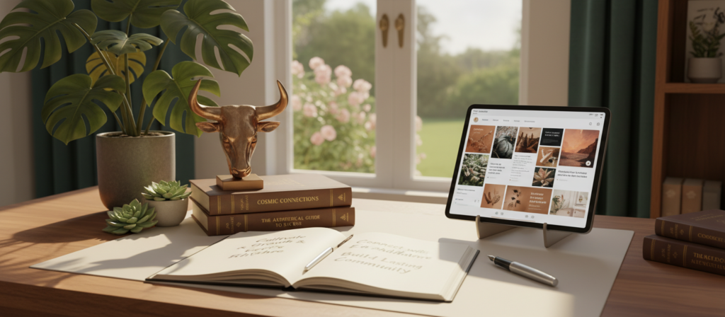 A serene and inviting social media workspace scene, featuring a stylish desk adorned with Taurus-themed decor, such as a refined Taurus zodiac symbol, lush green plants, and astrological books. In the foreground, an elegant notebook filled with inspirational phrases for social media is open, with a sleek fountain pen beside it. The middle ground shows a tablet displaying a vibrant social media feed aligned with Taurus traits, capturing users' attention with beautiful graphics. The background features soft, diffused natural light coming through a large window, creating a calm and motivating atmosphere. The overall composition should evoke creativity and reflection, perfect for those seeking to connect with Taurus energy in a professional or casual setting. The image should be warm, inviting, and motivational.