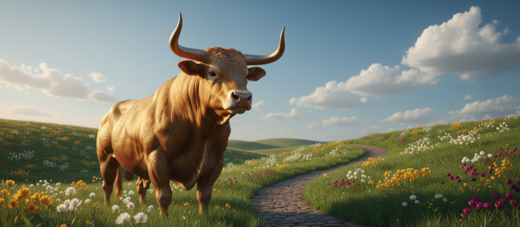A serene and majestic representation of the Taurus zodiac sign, featuring a powerful bull symbolizing strength and determination. In the foreground, a robust and noble-looking bull stands proudly, its horns elegantly curved. In the middle ground, incorporate earthy elements like lush green fields and blooming flowers, symbolizing Taurus's connection to nature and sensuality. In the background, a clear blue sky with soft white clouds suggests tranquility and stability. The lighting is warm and inviting, casting gentle highlights that enhance the bull's muscular form. Capture this scene from a slightly low angle to emphasize the bull's dominance. The overall mood should be calm yet powerful, reflecting the steadfast and reliable essence of Taurus.