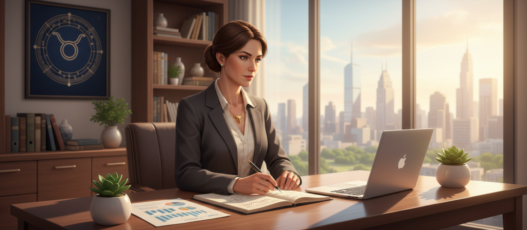 A serene and organized office space, reflecting the financial stability strategies of Taurus individuals. In the foreground, a neatly arranged desk with a stylish laptop, an open notebook filled with charts, and a potted plant for a touch of greenery. In the middle, a confident Taurus character—dressed in professional business attire—analyzing financial data and making notes. Let the lighting be warm and inviting, suggesting a calm and focused atmosphere. In the background, a large window showing a cityscape or nature scene to symbolize growth and abundance. Include subtle details like a framed Taurus zodiac sign on the wall to connect with the theme of financial habits and strategies. The overall mood should be one of professionalism, stability, and determination.