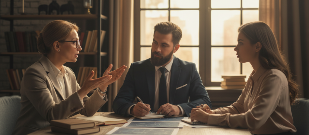 A serene and professional astrological setting, featuring a group of three experts discussing emotions linked to the Taurus zodiac sign. In the foreground, a middle-aged woman with glasses, dressed in modest business attire, gestures with her hand as she speaks passionately. In the middle ground, a man with a neatly trimmed beard and a tailored suit takes notes, while a younger woman in a smart blouse observes intently. Celestial charts and astrological symbols are visible on the table. The background features a large window letting in soft, warm light, illuminating astrological books and charts on bookshelves. The mood is contemplative and insightful, reflecting a harmonious blend of expertise in astrology and emotional intelligence.