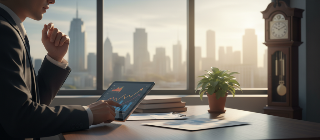 A serene and professional financial setting depicting the concept of long-term investments. In the foreground, a well-dressed individual is analyzing financial charts on a sleek tablet, with graphs showing upward trends. The person appears focused and thoughtful, embodying prudence and intuition, dressed in a tailored business suit. In the middle, a polished wooden desk is adorned with financial documents, a vintage clock, and a small green plant, representing growth and stability. In the background, a large window reveals a city skyline under soft, warm morning light, casting gentle shadows and creating an atmosphere of optimism and foresight. The overall mood is one of cautious confidence, emphasizing the importance of long-term planning in finance.