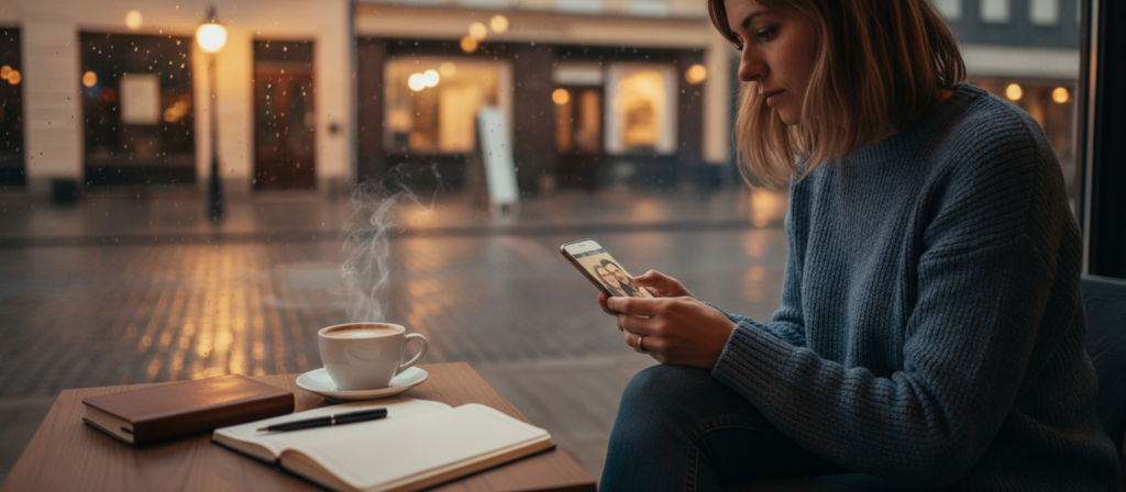 A serene and reflective scene depicting a person sitting alone at a cafe table, looking thoughtful as they glance at a smartphone displaying an old photo of an ex-partner. The foreground features a neatly set table with a steaming cup of coffee, a notebook, and a pen, symbolizing self-reflection and healing. In the middle ground, the person, dressed in modest casual clothing, is captured in a candid yet introspective moment, their expression a mix of nostalgia and contemplation. The background reveals a softly lit street through the cafe window, with gentle evening light filtering in, creating a warm, inviting atmosphere that conveys both solitude and the bittersweet nature of memories. The composition emphasizes healing and the emotional challenges of contact with an ex. A serene and reflective scene depicting a person sitting alone at a cafe table, looking thoughtful as they glance at a smartphone displaying an old photo of an ex-partner. The foreground features a neatly set table with a steaming cup of coffee, a notebook, and a pen, symbolizing self-reflection and healing. In the middle ground, the person, dressed in modest casual clothing, is captured in a candid yet introspective moment, their expression a mix of nostalgia and contemplation. The background reveals a softly lit street through the cafe window, with gentle evening light filtering in, creating a warm, inviting atmosphere that conveys both solitude and the bittersweet nature of memories. The composition emphasizes healing and the emotional challenges of contact with an ex.